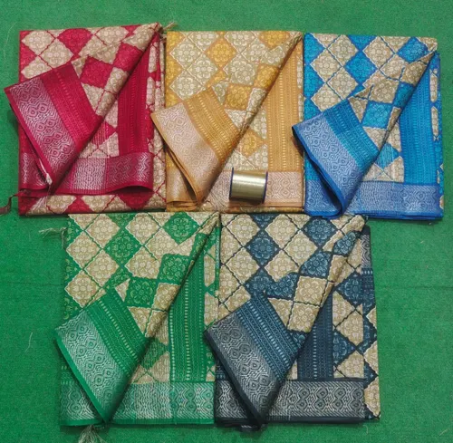 Soft Kota Stipple Weave Saree with Jari Border & Hand-Printed Design